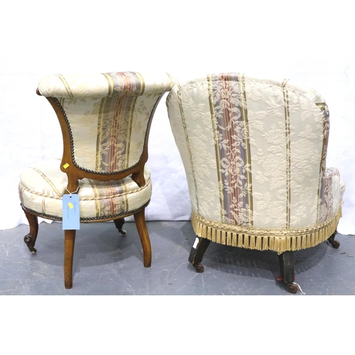 3122 - A Victorian walnut framed parlour chair, with carved scrolling supports and circular seat, together ... 