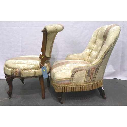 3122 - A Victorian walnut framed parlour chair, with carved scrolling supports and circular seat, together ... 