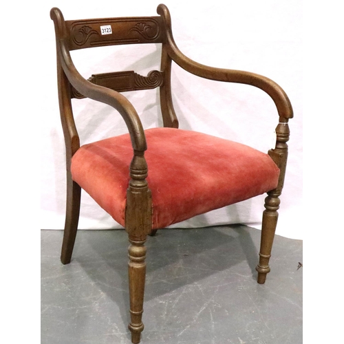 3123 - 19th century walnut elbow chair, having a carved back rail and turned supports, the seat upholstered... 