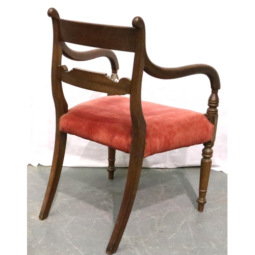 3123 - 19th century walnut elbow chair, having a carved back rail and turned supports, the seat upholstered... 