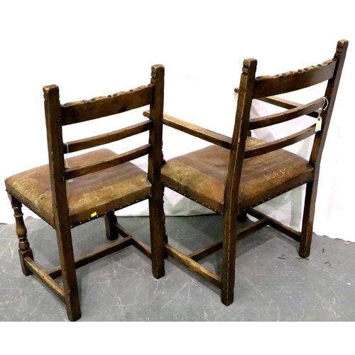 3125 - A set of six elm dining chairs, with carved laddered back rails and studded leather seats. Not avail... 