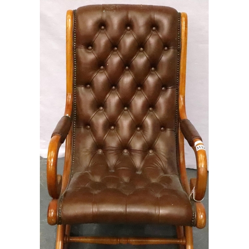 3132 - 20th century beech framed rocker, with buttoned Chesterfield style brown leather upholstery, H: 95 c... 