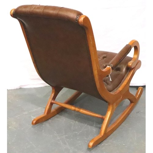 3132 - 20th century beech framed rocker, with buttoned Chesterfield style brown leather upholstery, H: 95 c... 