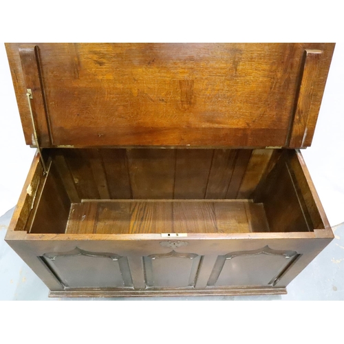 3136 - A 20th century oak blanket chest with hinged cover and panelled facia, 105 x 48 x 58 cm H. Not avail... 