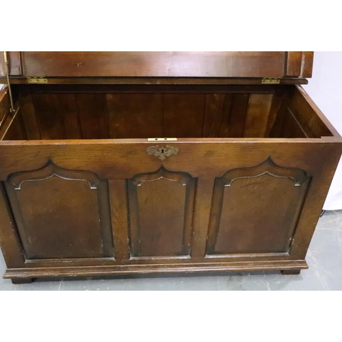 3136 - A 20th century oak blanket chest with hinged cover and panelled facia, 105 x 48 x 58 cm H. Not avail... 