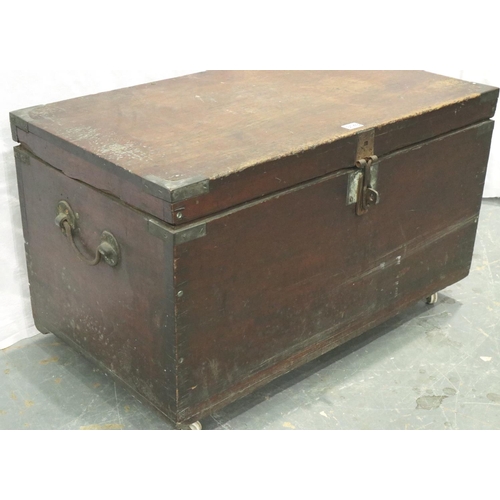 3143 - An early 19th century chest, having brass corners and hasp lock, semi fitted interior, later raised ... 