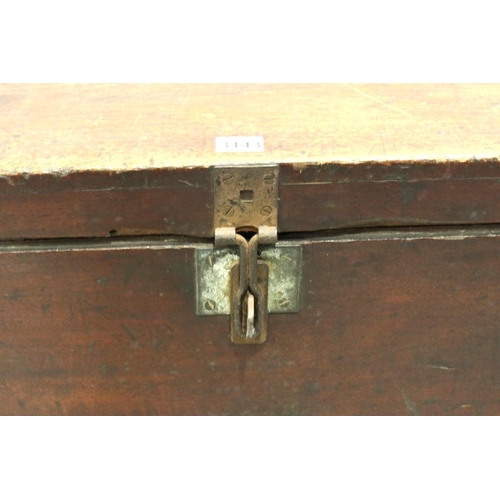 3143 - An early 19th century chest, having brass corners and hasp lock, semi fitted interior, later raised ... 