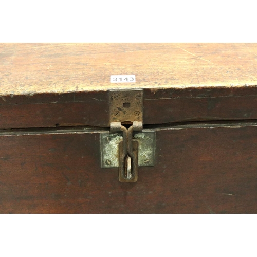 3143 - An early 19th century chest, having brass corners and hasp lock, semi fitted interior, later raised ... 