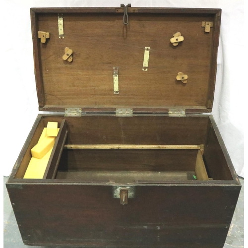 3143 - An early 19th century chest, having brass corners and hasp lock, semi fitted interior, later raised ... 