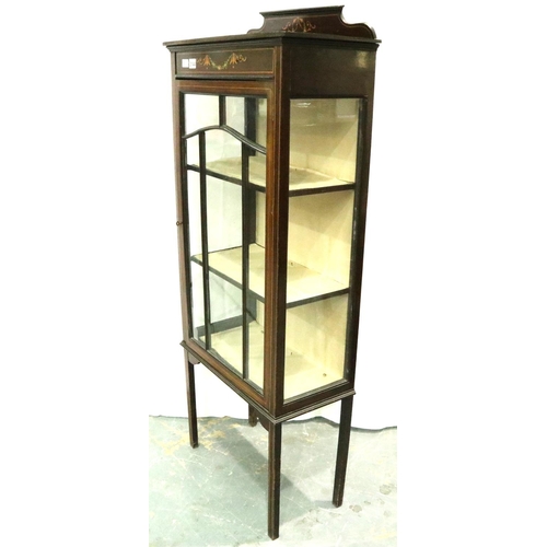 3144 - An Edwardian inlaid mahogany single door display cabinet, having two fixed shelves and lined interio... 