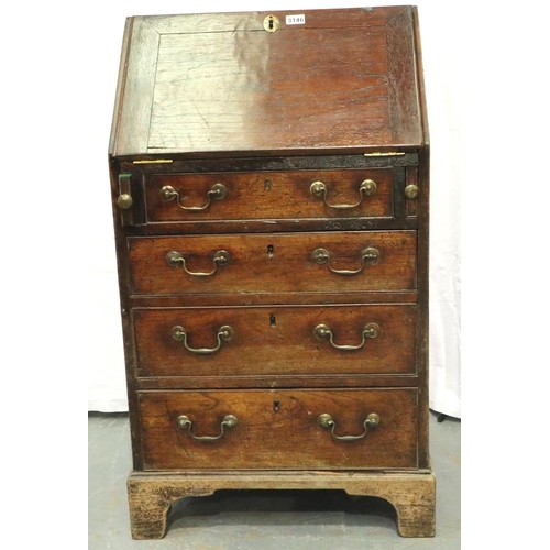 3146 - George III oak diminutive bureau, the fall front with fitted interior, faux top drawer with slide co... 