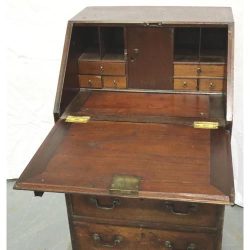 3146 - George III oak diminutive bureau, the fall front with fitted interior, faux top drawer with slide co... 