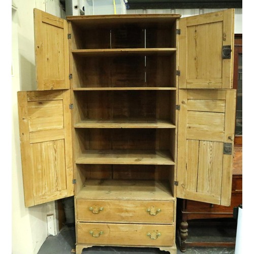 3153 - 19th century pine housekeepers cupboard or linen press, the two cupboard doors enclosing shelves abo... 