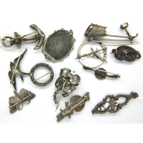 63 - Twelve mixed silver brooches including Charles Horner, three lacking pins. P&P Group 1 (£14+VAT for ... 