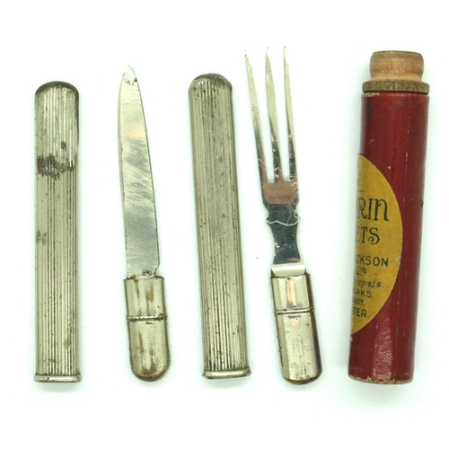 91 - Unusual knife and fork with white metal sheaths and an antique aspirin tube. P&P Group 1 (£14+VAT fo... 