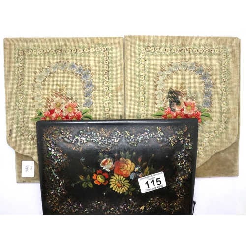 115 - Antique embroidered desk tidy and papier mache desk folder. P&P Group 1 (£14+VAT for the first lot a... 