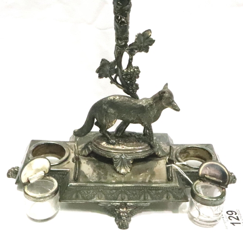 129 - Large electro silver plated desk pen stand with twin glass ink pots and fox design, L: 30 cm. P&P Gr... 