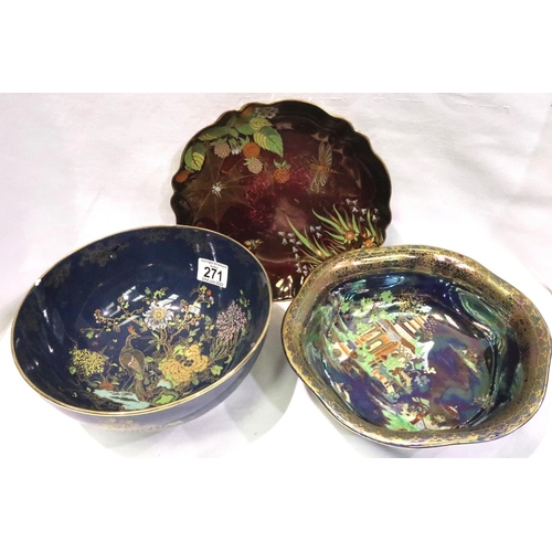 271 - Three Carlton Ware lustre pieces, two bowls and a plate (with damages). P&P Group 3 (£25+VAT for the... 