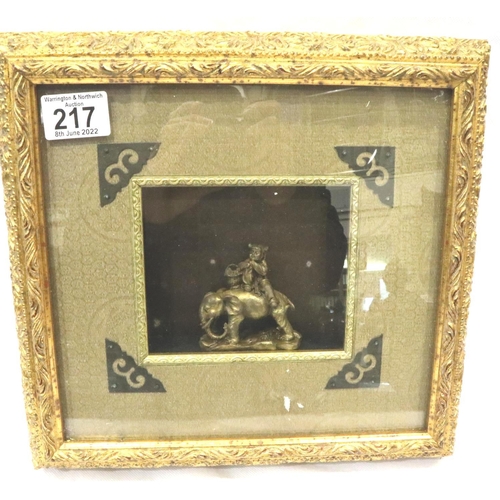 292 - Framed Chinese bronze man on elephant, overall 29 x 29 cm. P&P Group 3 (£25+VAT for the first lot an... 