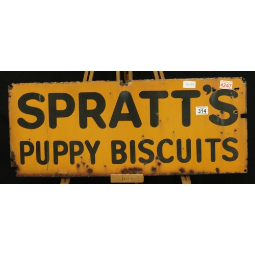 314 - Authentic vintage metal and enamel sign single side Spratts puppy biscuits, 75 x 30 cm. Some minor r... 