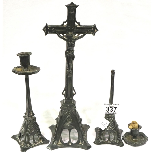 337 - Cast metal Art Nouveau crucifix and candlesticks, largest H: 35 cm. P&P Group 3 (£25+VAT for the fir... 