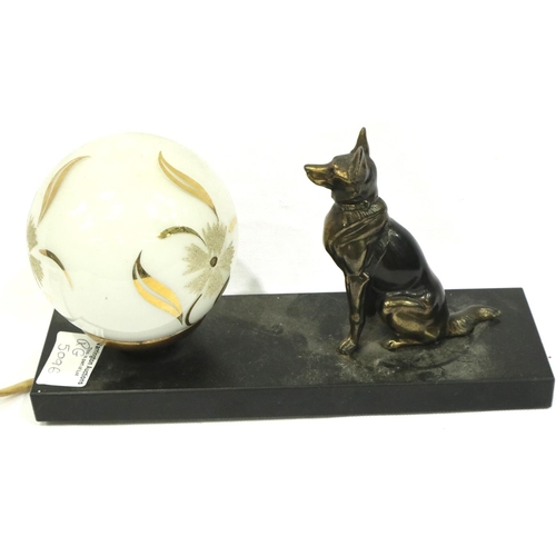 346 - Art Deco circular glass table light with bronzed metal dog on black marble base, L: 25 cm. P&P Group... 