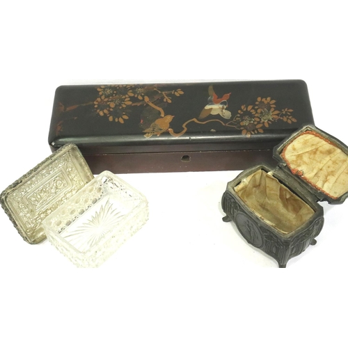 350 - Antique cast metal ring casket, papier mache glove box and another glass box (3). P&P Group 2 (£18+V... 