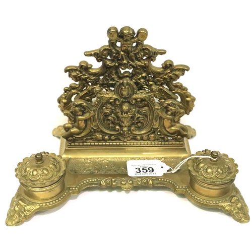 359 - Large Edwardian cash brass desk tidy with two lidded inkwells, L: 30 cm. P&P Group 2 (£18+VAT for th... 