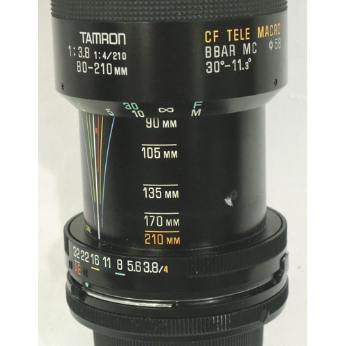 396 - Canon T60 camera with Canon Zoom lens, Tamron 80-210 lens and Mamiya flash. P&P Group 2 (£18+VAT for... 