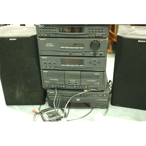 464 - Sony staking system comprising LBT-D307 stereo, CDP-C322M CD player, PS-LX49P turntable and two spea... 