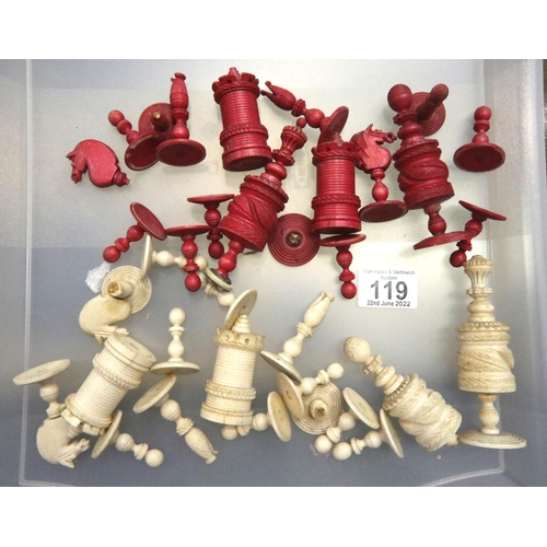 119 - 19th century complete bone and stained bone chess set, King H: 105 mm, red King and white Queen with... 