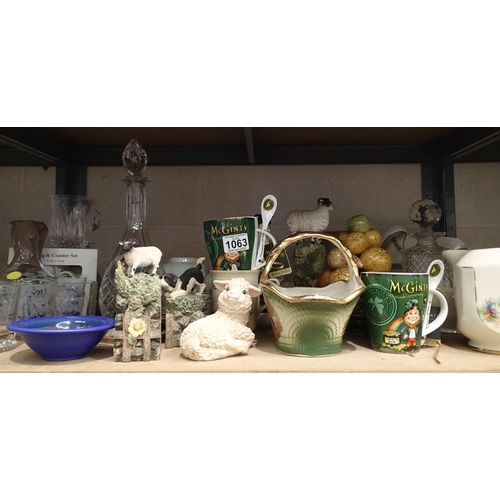 1063 - Quantity of mixed glass and ceramics including two decanters H: 30 cm, and a Raia bowl in the Poppy ... 