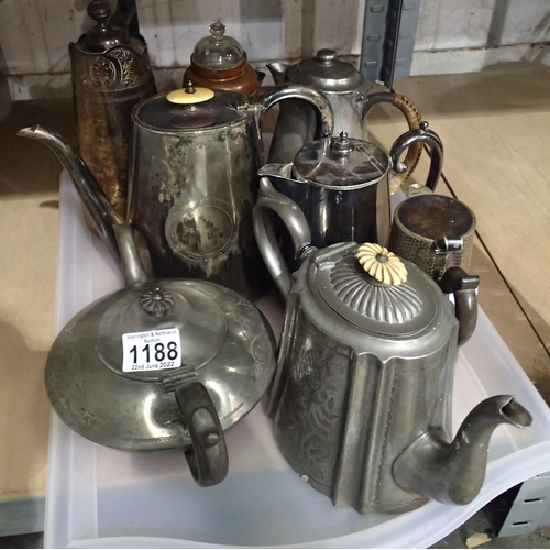 1188 - Tray of eight mixed silver plate and pewter coffee and tea pots. Not available for in-house P&P, con... 