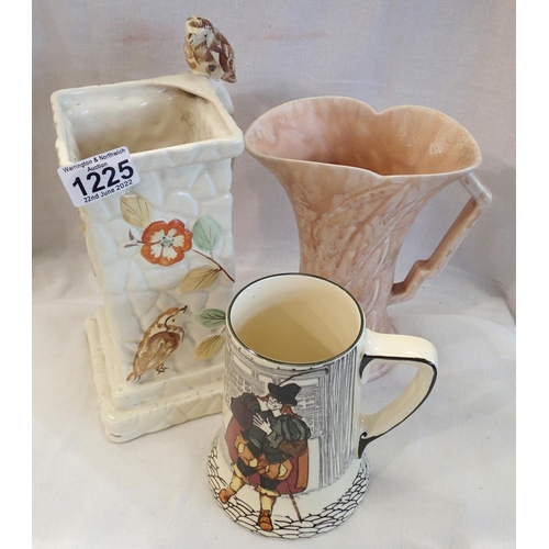 1225 - 1930s budgie jug, Royal Doulton tankard and an other jug. Not available for in-house P&P, contact Pa... 