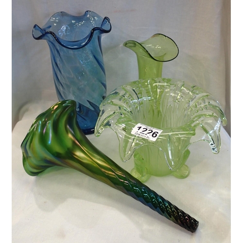 1226 - Large uranium glass flower vase and similar glass trumpet shaped item and other glass ware. Not avai... 