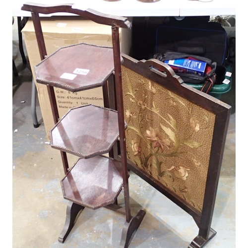 1258 - Folding three tier cake stand, H: 90 cm. and a fire screen with tapestry insert. Not available for i... 