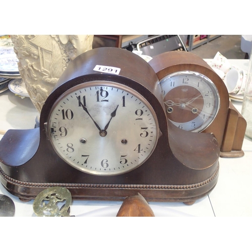 1291 - Large oak cased chiming mantle clock and another clock. Not available for in-house P&P, contact Paul... 