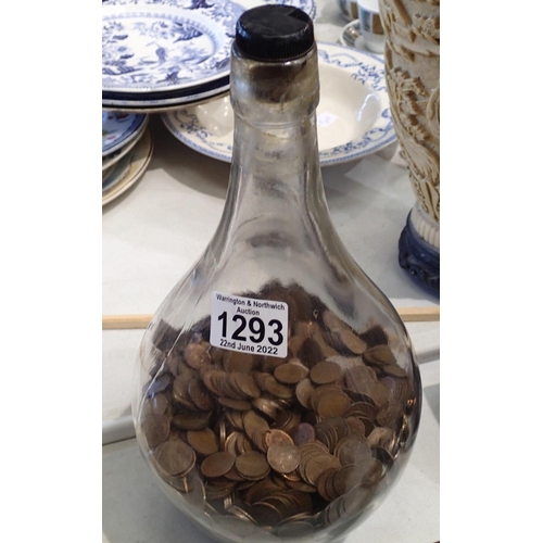 1293 - Large glass bottle with 1/2 penny decimal coin contents. Not available for in-house P&P, contact Pau... 