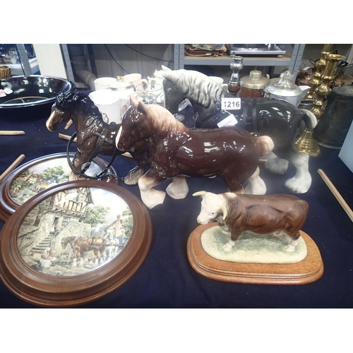 1216 - Three unnamed ceramic horses Leonardo bull figurine and two related cabinet plates. Not available fo... 