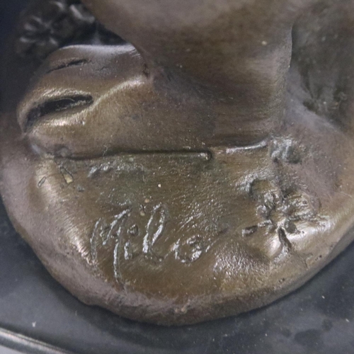 340 - Bronze Rabbit holding an egg, signed Milo, H: 12 cm. P&P Group 1 (£14+VAT for the first lot and £1+V... 