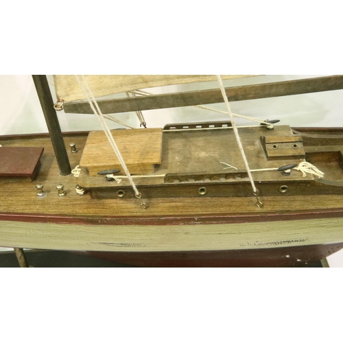 369 - Large scratch built pond yacht on stand, H: 90 cm. Not available for in-house P&P, contact Paul O'He... 