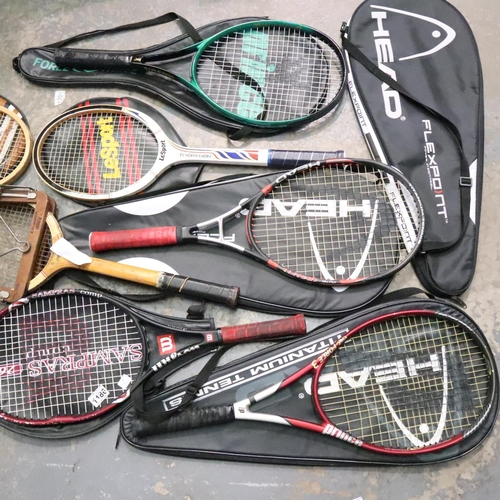 1186 - Shelf of good quality tennis racquets. Not available for in-house P&P, contact Paul O'Hea at Mailbox... 