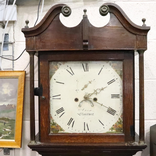 386 - William Owen Llanrwst oak longcase clock, having distressed painted dial, H: 216 cm. works for 30 se... 