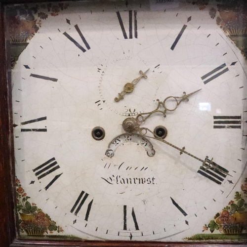 386 - William Owen Llanrwst oak longcase clock, having distressed painted dial, H: 216 cm. works for 30 se... 