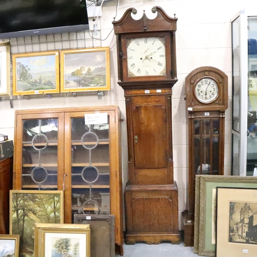 386 - William Owen Llanrwst oak longcase clock, having distressed painted dial, H: 216 cm. works for 30 se... 