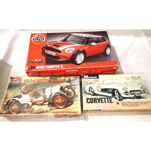 2068 - Three 1/32 scale plastic car kits comprising of Airfix - 1904 Mercedes, Mini Cooper S and monogram C... 