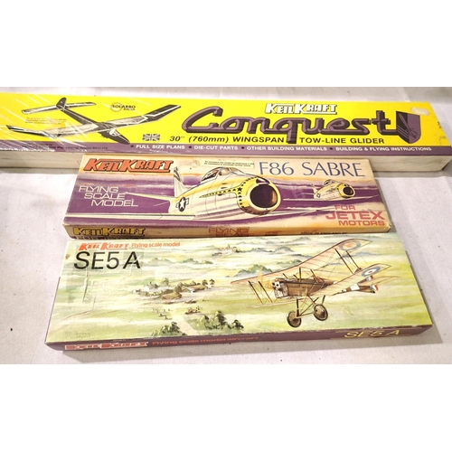 2070 - Three Keil Kraft Balsa flying aircraft kits Conquest Glider, factory sealed. Plus SE5A and F 86 sabr... 