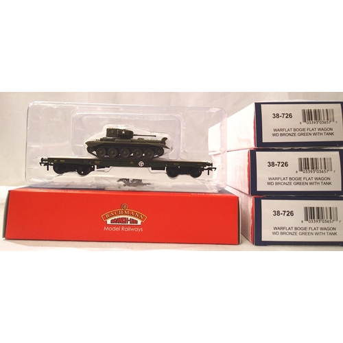 2096 - Four Bachmann 38-726 Warflat Bogie wagon with tank load, W.D Bronze Green. New/boxed in shipping car... 