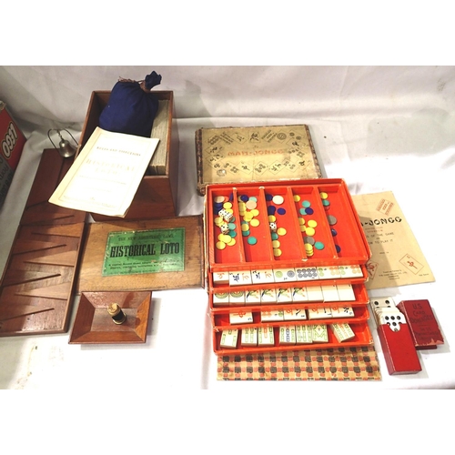 2172 - Historical Lotto game by Jaques in wooden box, mahjong set and US card dominoes, all appear complete... 