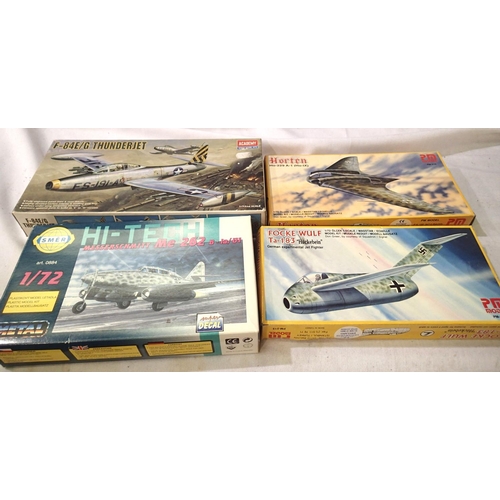 2322 - Four 1/72 scale plastic aircraft kits, Academy, SMER, PM Model, all appear complete/unstarted, conte... 